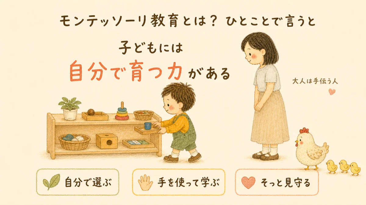 モンテッソーリ教育をひとことで言うと「子どもには自分で育つ力がある」。自分で選ぶ・手を使って学ぶ・そっと見守る