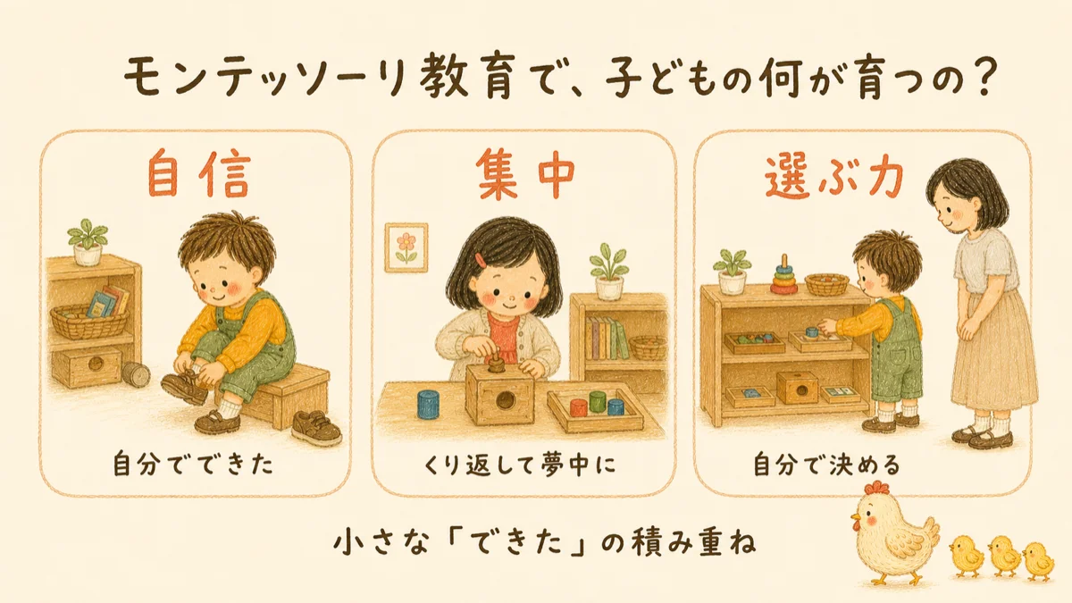 モンテッソーリ教育で育つと言われるもの:自信(自分でできた)・集中(くり返して夢中に)・選ぶ力(自分で決める)