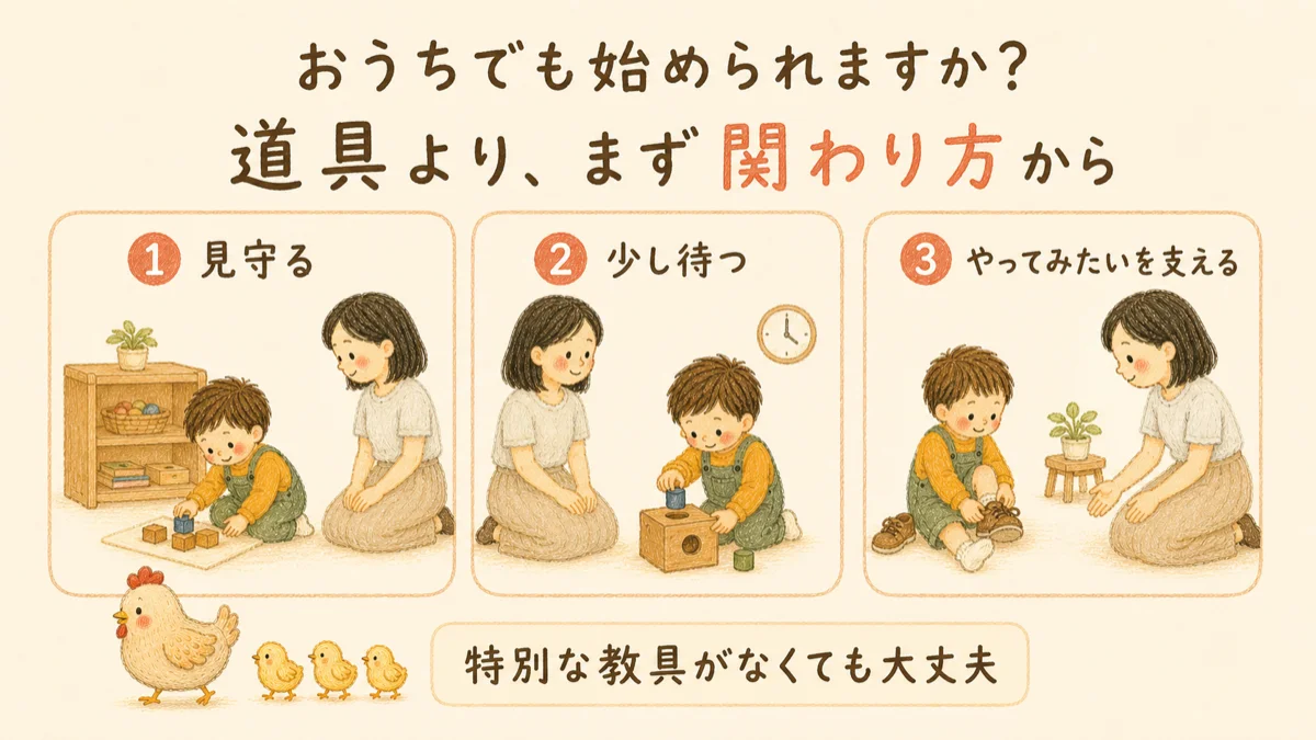 おうちで始めるなら道具より関わり方から。①見守る ②少し待つ ③やってみたいを支える。特別な教具がなくても大丈夫