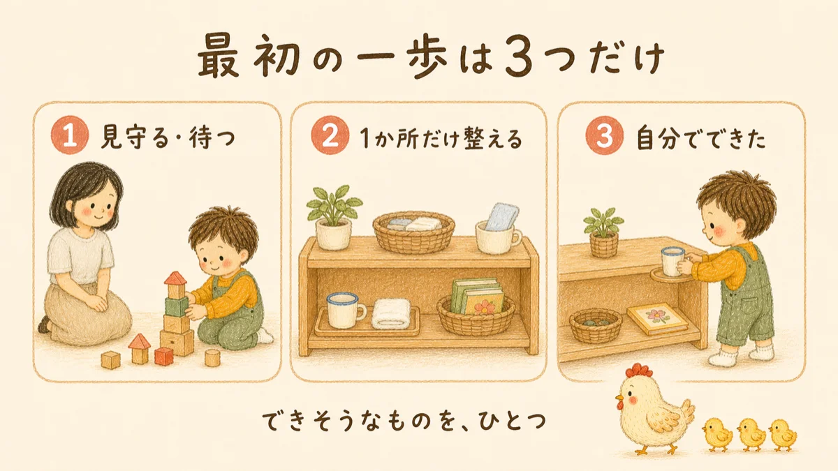 おうちモンテの最初の一歩は、見守る・1か所だけ整える・自分でできたを用意すること